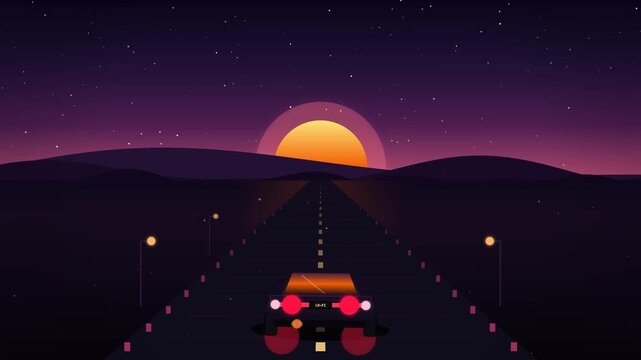 Retro synthwave animation of a sports car driving on a desert highway towards a glowing sunset admin