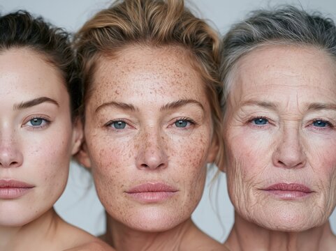 Three women's faces, showcasing different generations