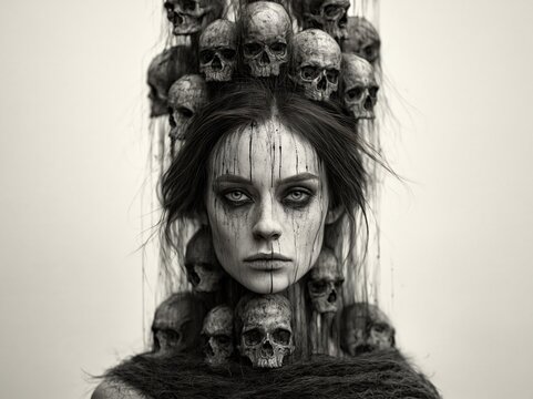 Dark portrait of a woman with skulls and streaking paint