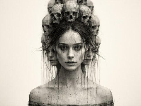 Conceptual woman with skulls and somber expression