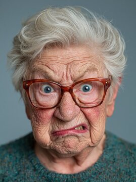 Close-up of an elderly woman with an angry, bewildered face