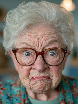 Grumpy senior woman with wide eyes and glasses