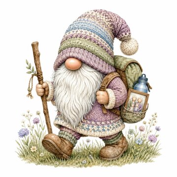 A whimsical gnome with a large knitted hat, thick white beard, and hiking gear walks through a field of wildflowers, carrying a staff and a backpack with a framed photo.