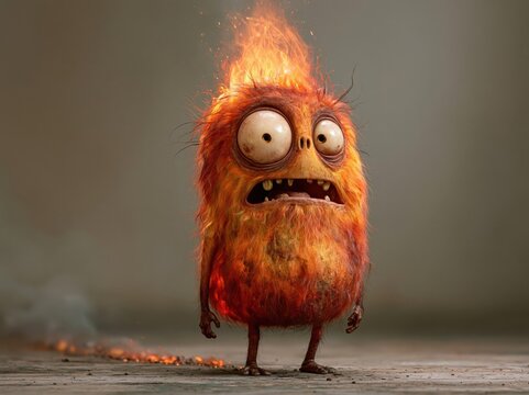 Terrified furry monster with head aflame and smoking trail