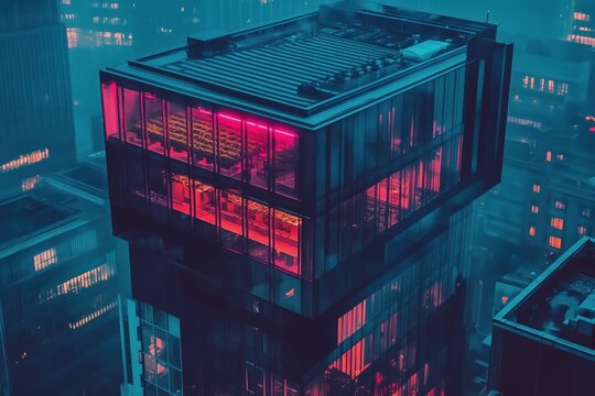 Futuristic city building with glowing pink lights at night, seen from above in a misty urban skyline, showing modern architecture and a moody cyber style