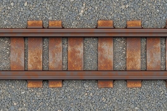 Rusty railway track seen from above on grey gravel, with worn metal rails and sleepers creating a textured industrial background