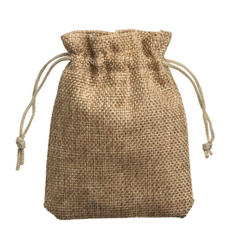 Rustic jute drawstring pouch for gift packaging and storage isolated on transparent background