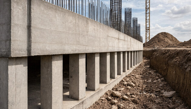 Reinforced concrete foundation wall with metal rebar at a building construction site construction concrete foundation building infrastructure engineering reinforcement architectural