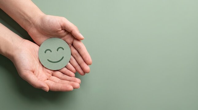 Hands holding a green stone with a smiling face for world mental health day awareness and support