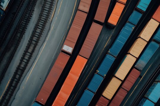 Aerial view of colorful shipping containers lined up beside railway tracks, showing a busy cargo yard with strong geometric patterns.