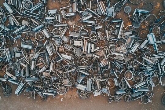 Aerial view of a large pile of old bicycles and metal scrap stacked in a junkyard, creating a busy industrial texture and background