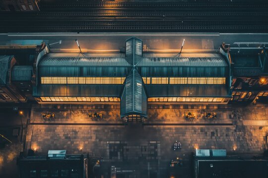 Top down view of a large industrial building with warm lights glowing at night, showing an urban rooftop and city architecture from above.
