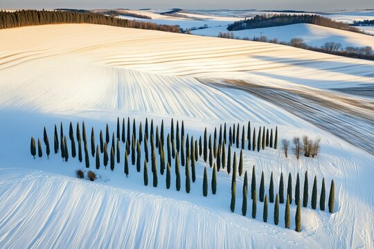 Snowy rolling hills with rows of cypress trees in a peaceful winter landscape
