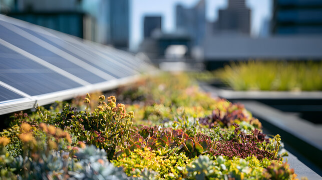 A close-up of a building's green rooftop garden with solar panels discernible in the background, illustrating urban sustainability, features a defocused rooftop and cityscape in the backdrop, highligh