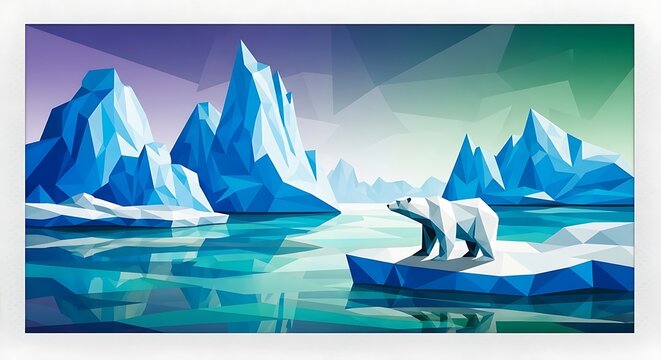 Low Poly Arctic Landscape with Polar Bear on Ice Floe Illustration