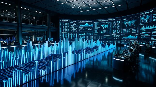 Futuristic digital operations center with large data visualization screens, network performance analytics, and cyber threat mapping