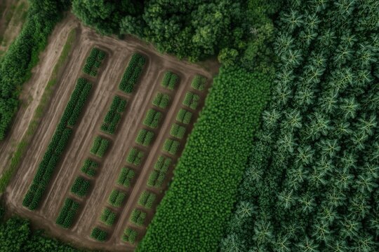 Aerial view of cultivated crop fields beside dense tropical forest and palm trees, showing farmland patterns and green landscape