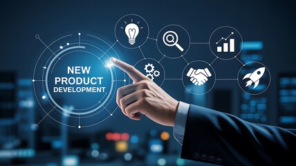 Obraz premium Businessman touching new product development digital button