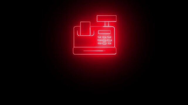 Neon red cash register icon a glowing outline of a traditional representing finance and retail transactions on black
