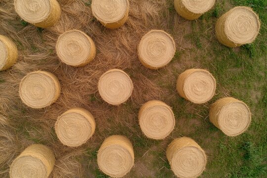 Aerial view of round hay bales scattered across a farm field with dry grass and green patches.