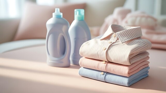 Stack of freshly laundered pastel colored shirts next to bottles of liquid detergent and fabric softener on a clean surface for home care