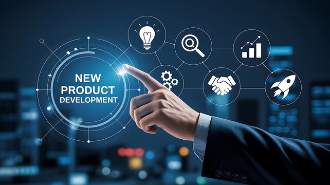 Businessman touching new product development digital button