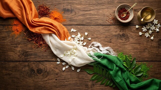 Indian Tricolor Fabric Cloth Draped on Rustic Wooden Table