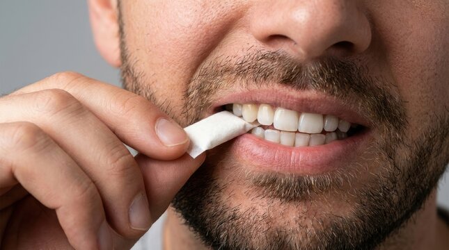 Man placing nicotine pouch in mouth. Using tobacco-free oral stimulant for nicotine intake.