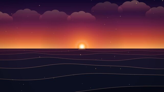 Animated retro pixel art sunset over calm ocean waves with vibrant purple sky and fluffy clouds admin