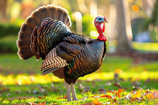 A wild turkey standing in a sunny park with blurred trees and autumn leaves in the background