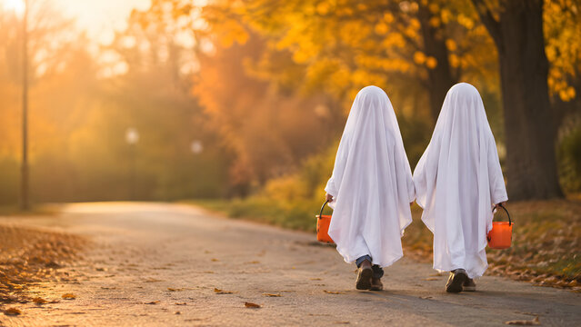Two child ghosts trick or treating on an autumn road at sunset.