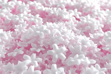 Obraz premium Soft white flower petals scattered over a pink background, creating a delicate abstract floral texture with a gentle romantic feel