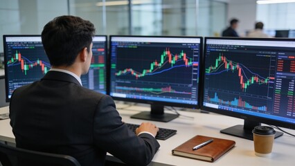 Fototapeta premium Young male stock market broker analyzing financial charts across multiple monitors in modern trading office.