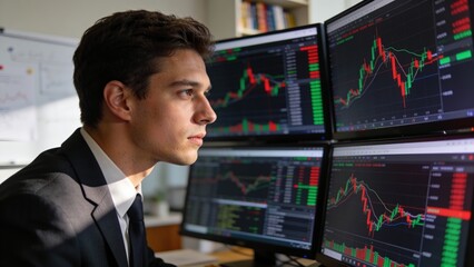 Fototapeta premium A Young Male Stock Market Broker Analyzing Graphs On Multiple Computer Screens 