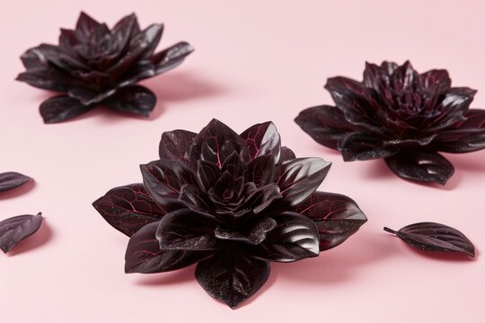 Dark purple succulent flowers arranged on a soft pink background with scattered leaves, creating a stylish floral flat lay.