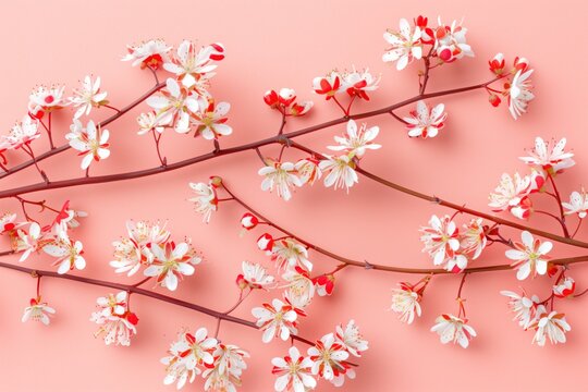 Delicate white and red blossoms on thin branches arranged over a soft pink background, creating a fresh floral spring pattern with copy space