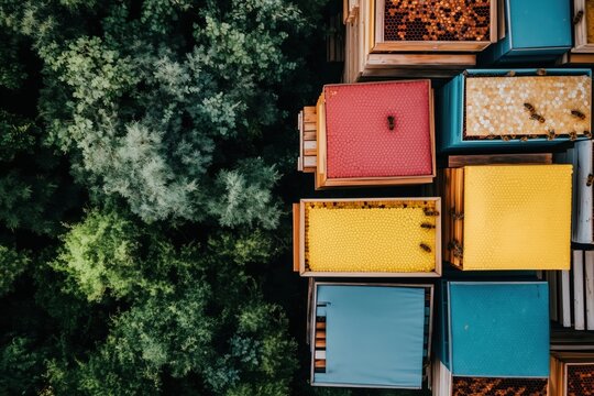 Aerial view of colorful beehive boxes beside dense green forest.