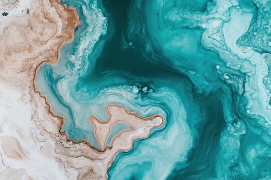Abstract turquoise and beige fluid marble texture with soft swirls and organic shapes, resembling water, stone, or ink on paper