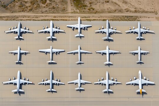 Aerial top view of multiple parked commercial airplanes lined up on an airport apron with desert background
