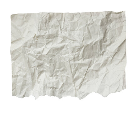 Wrinkled torn white paper piece texture isolated on transparent background