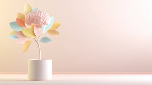 Minimalist pastel brain plant sculpture concept for mental wellness and creativity background design and modern decor