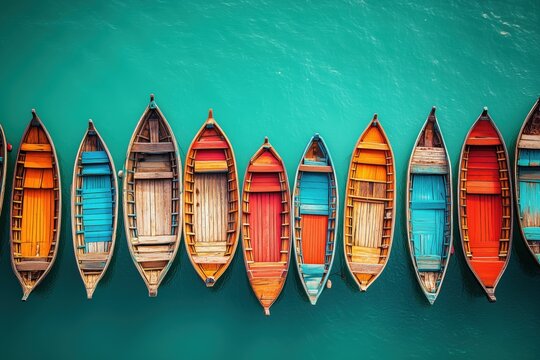 Top view of colorful wooden boats lined up on clear turquoise water, creating a vibrant travel and summer scene