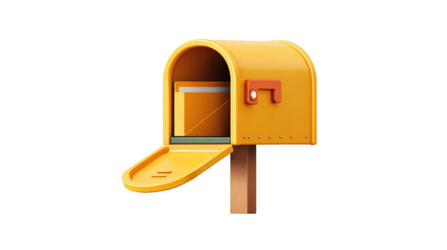Bright yellow open mailbox on wooden post with red flag raised and letter inside on White background