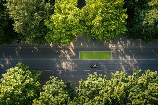 Top down view of a quiet road with a bicycle lane, surrounded by green trees and long shadows in warm sunlight