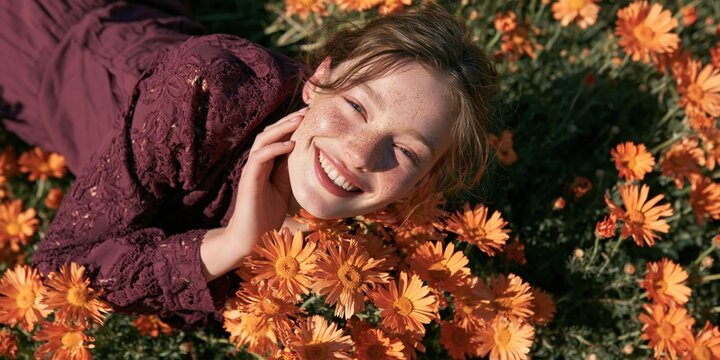 Smiling young woman lying in a field of orange marigold flowers portrait for summer background and banner design