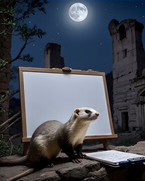 A beige javan ferret badger ai-generated fantasy animal, fictional species  in arcane ruins near a blank whiteboard. 