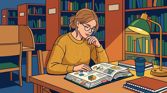 Focused female student studying open textbook under lamp in library flat style illustration