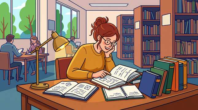 Smiling female student reading open books under desk lamp in library slat style illustration