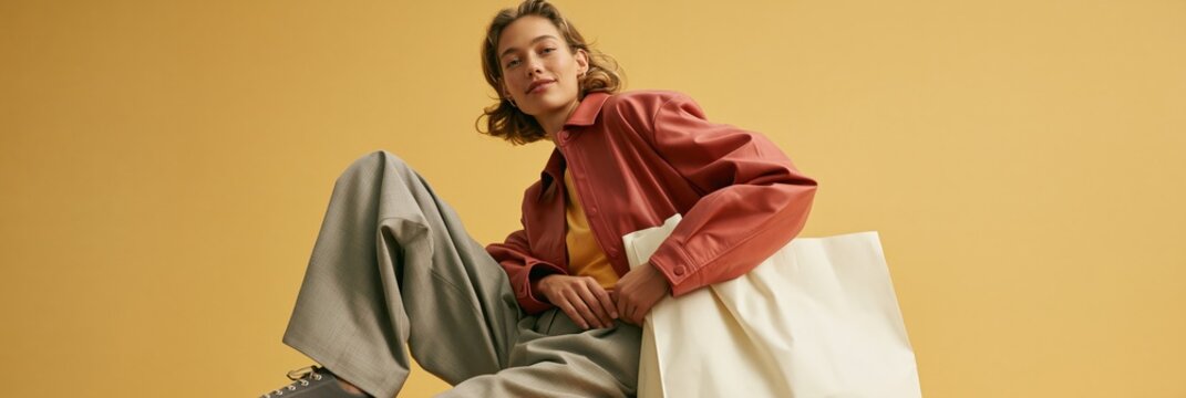Young woman in casual jacket and wide trousers holding a large canvas tote bag on warm yellow background for fashion banner and lifestyle design