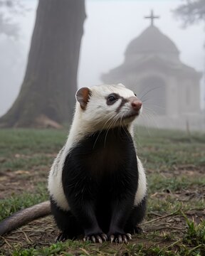 A Javan ferret  badger ai-generated fantasy animal, fictional species in a fog drenched altar grove